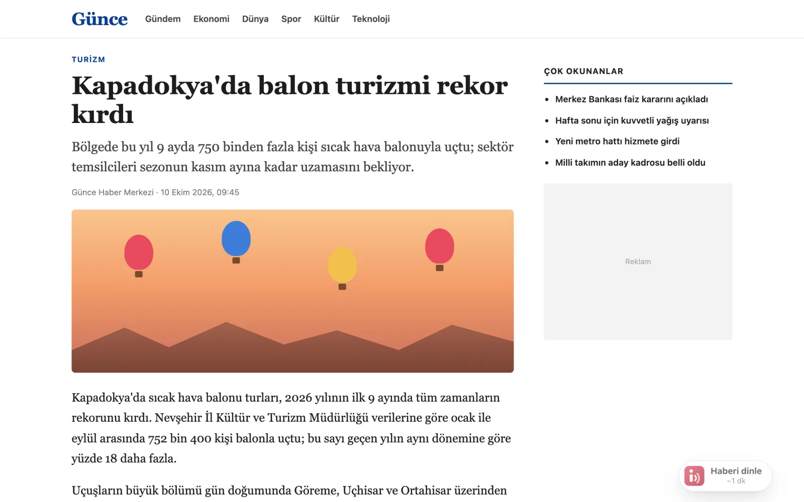 Haber sayfasının sağ alt köşesinde Haberi dinle düğmesi