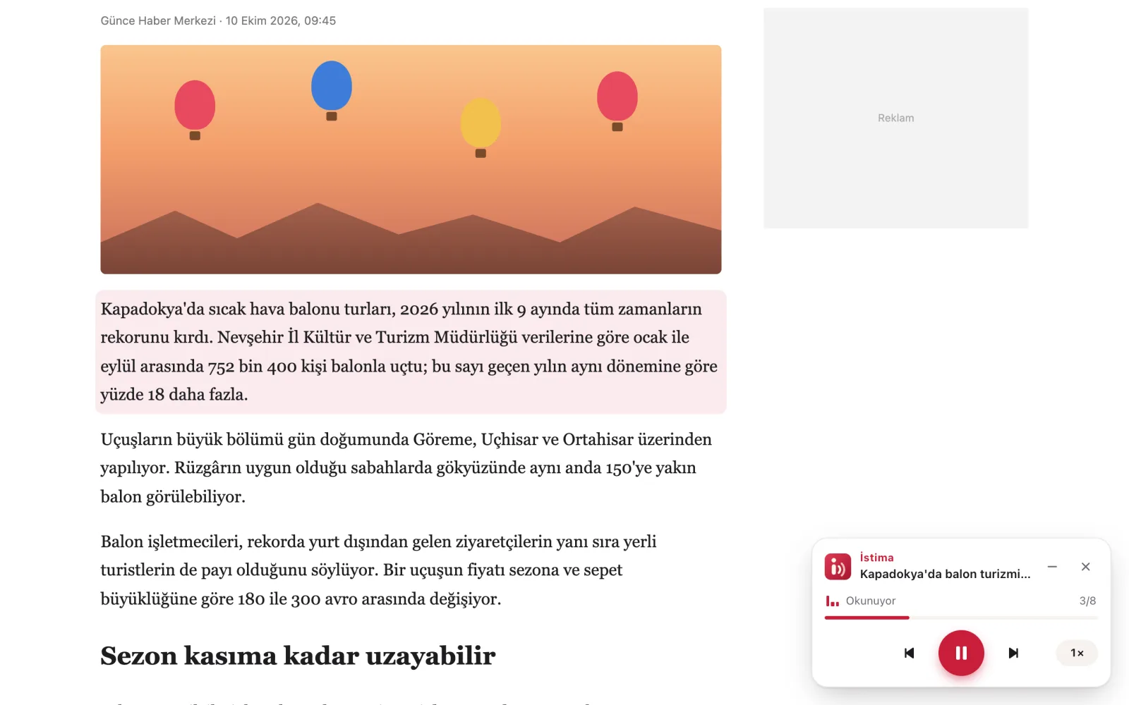 İstima bir haber sitesinde okunan paragrafı vurgularken sağ altta oynatıcı görünüyor